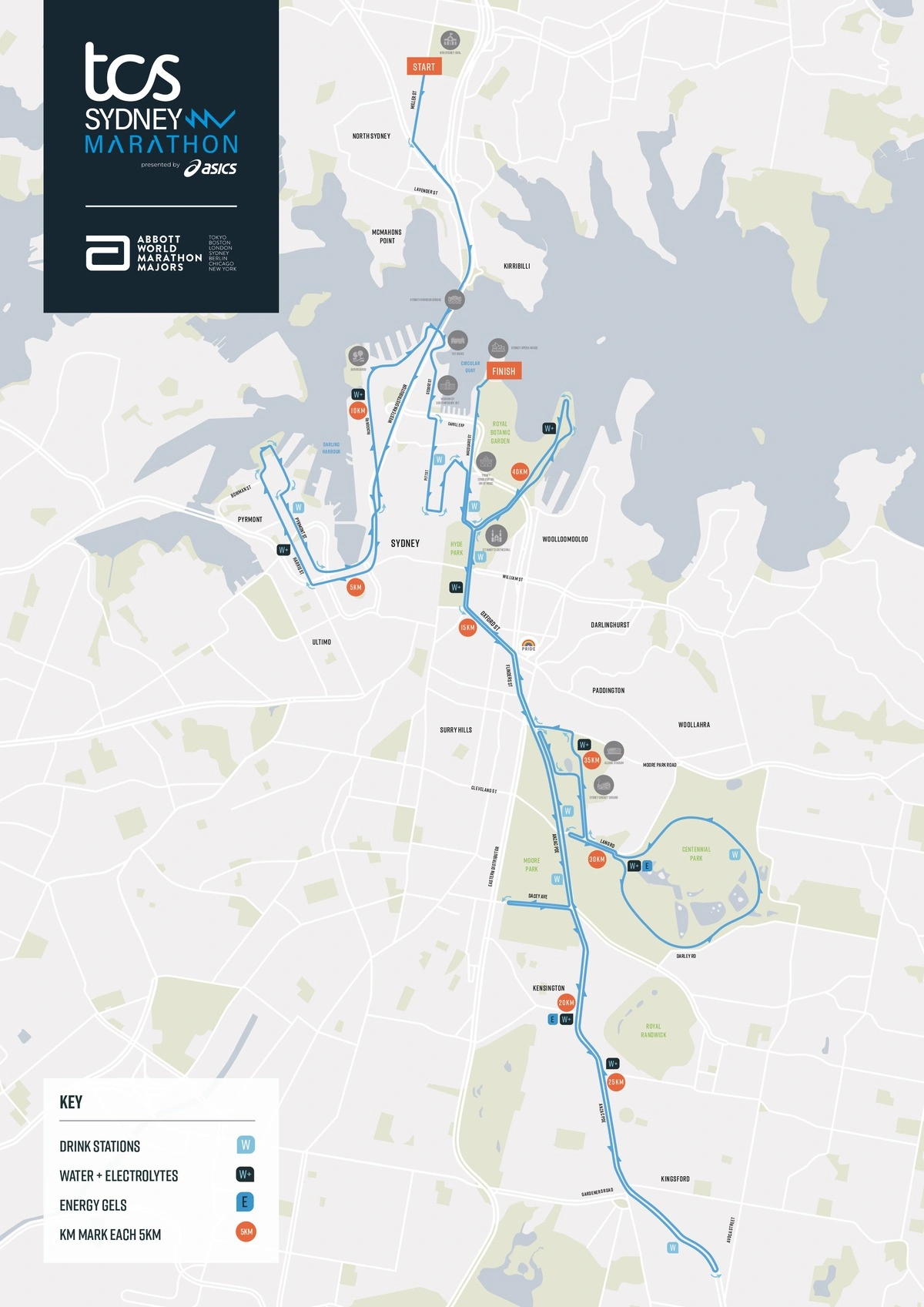 Mapa del recorrido del Maratón de Sídney con la salida en North Sydney y la meta junto a la Sydney Opera House